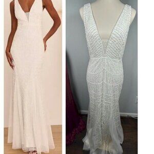 Lulus Dreaming of Eternity White Beaded Mermaid Maxi Dress Size Medium NWOT